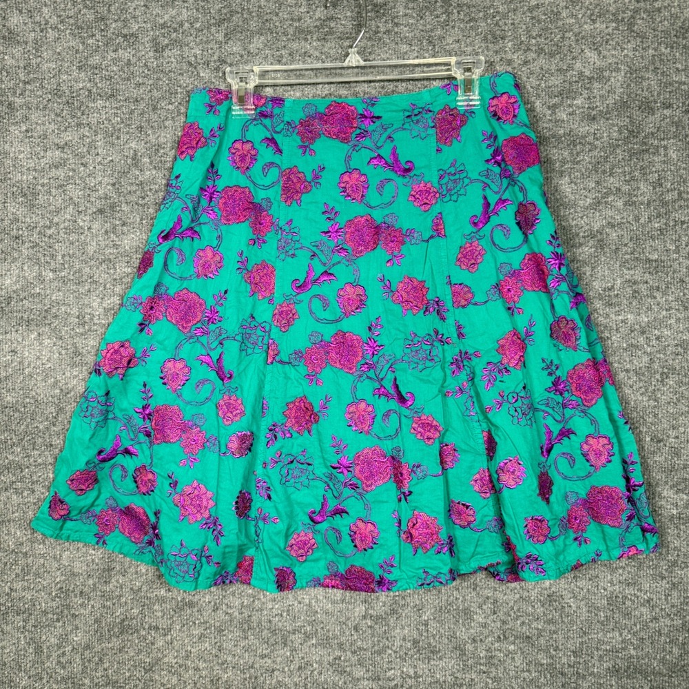Johnny Was Sz 10 A Line Skirt Green Purple Cotton Embroidered Flower Boho Flowy